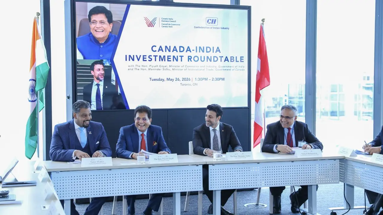 Piyush Goyal pitches India's financial growth story to Canadian investors Goyal co-chairs the Canada-India Investment Roundtable with Canada's Minister of International Trade Maninder Sidhu. PIC/X